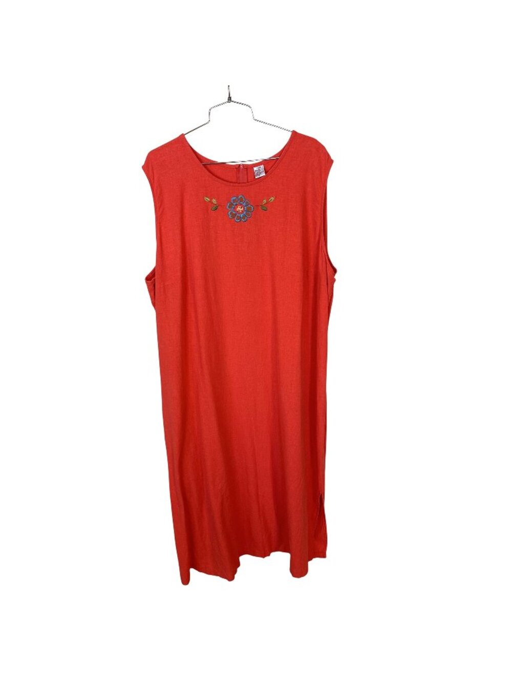 Womens Sleeveless Red Linen Maxi Dress Embroidered Floral Detail  28W Shift